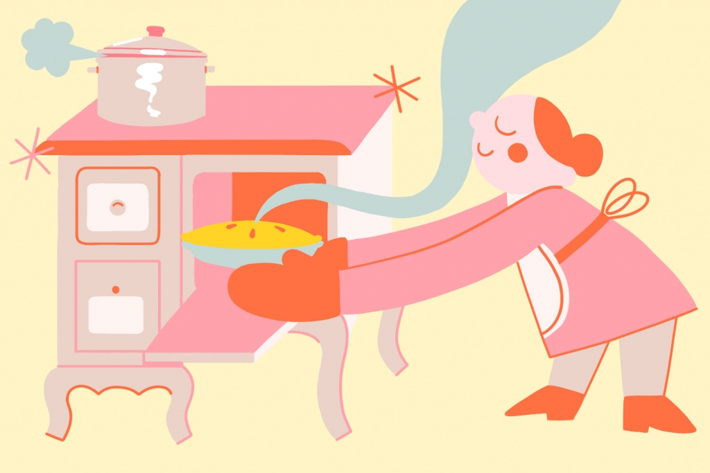 Femme enfourant un plat dans un poele à bois, illustré par Vincent Toutou